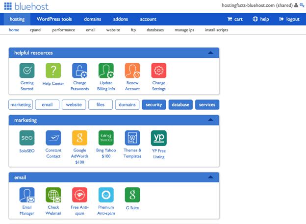 bluehost后台集成各种一键操作功能