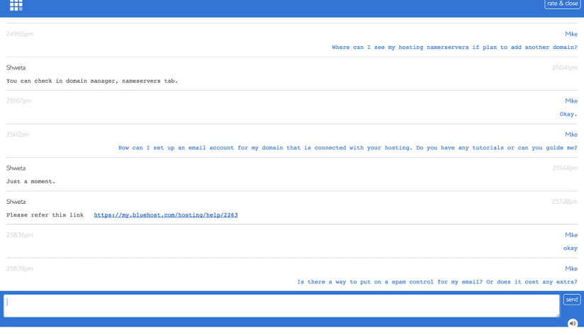 The quality of bluehost customer service is average